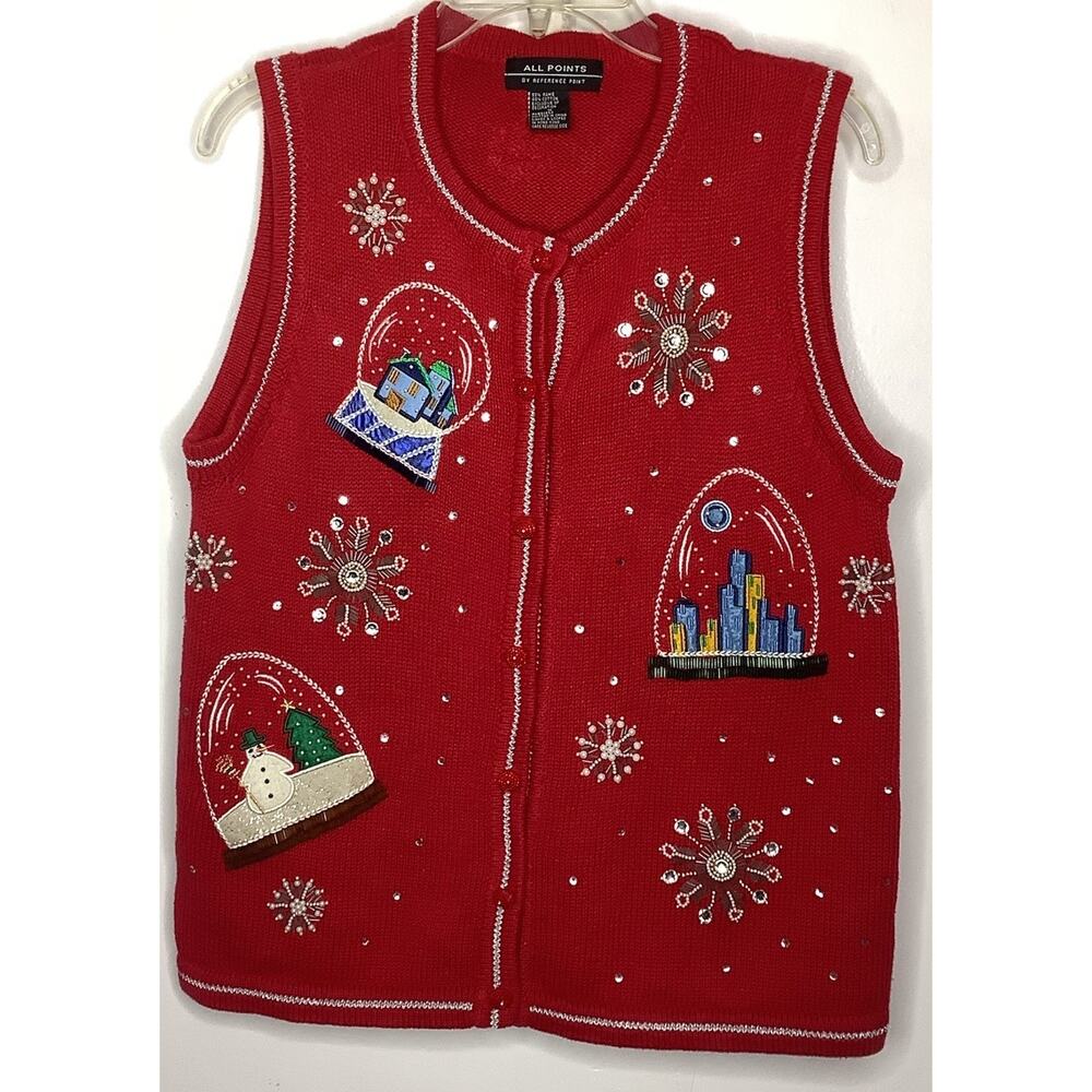 Vintage All Points Beaded Christmas Sweater Button Front Womens Sz Medium